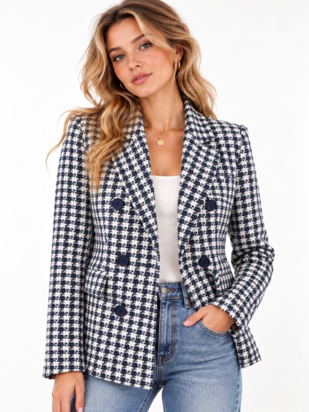 ELIE TAHARI Houndstooth Double Breasted Tweed Blazer Blue White 4